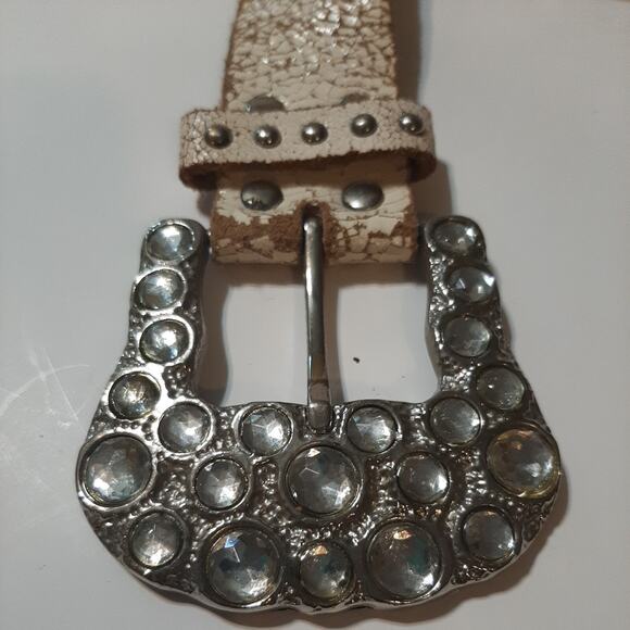 White Crackled Genuine Leather Womens Gem Studded Belt One Size - Picture 2 of 6